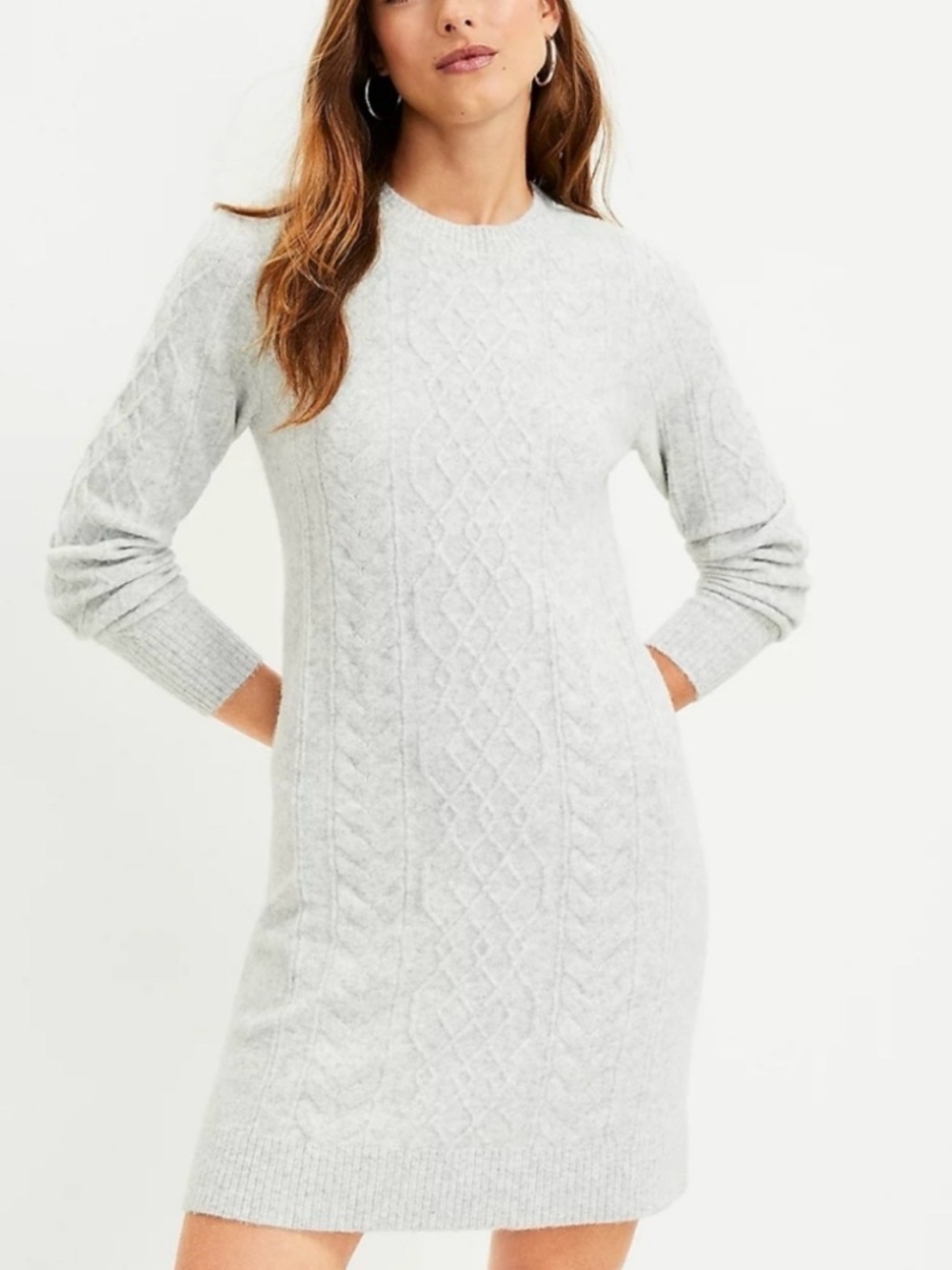 LOFT- Cozy Cable Knit Sweater Dress - Light Gray